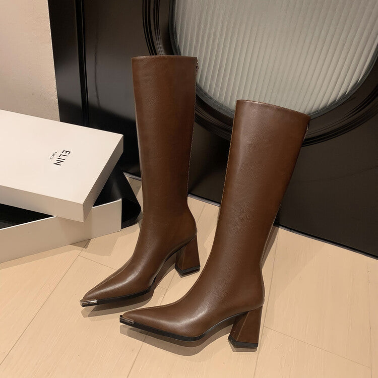 Karin Luna In Stock  In Stock Elegant Metal Pointed Toe Chunky Heel Full Cowhide Leather Riding Boots