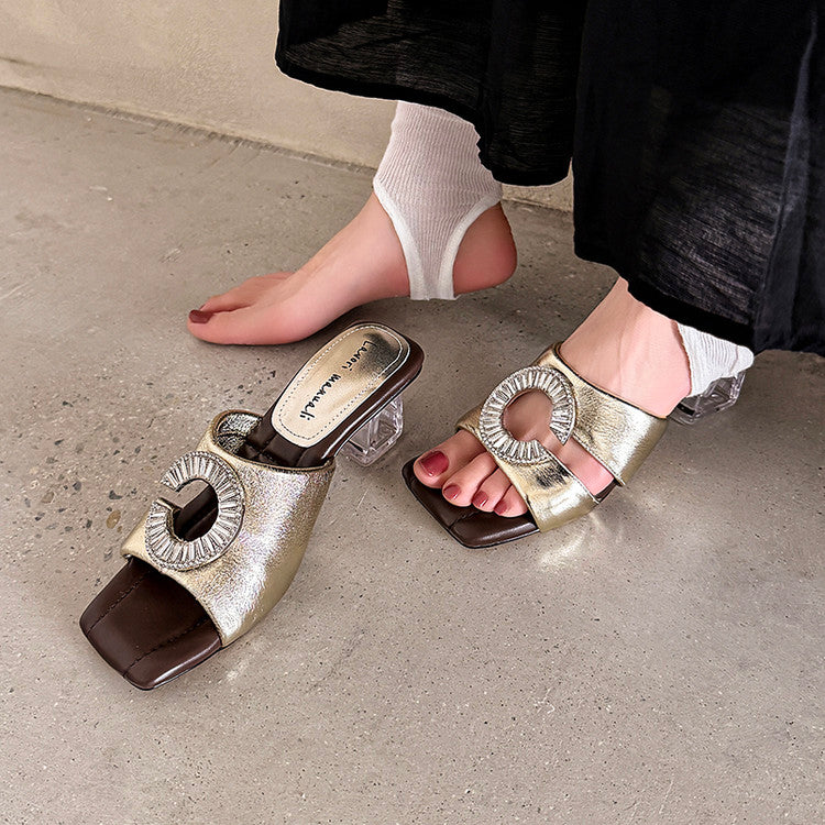 Karin Luna In Stock  Spot Goods  Large Rhinestone Square-Toed Crystal Heel Slippers