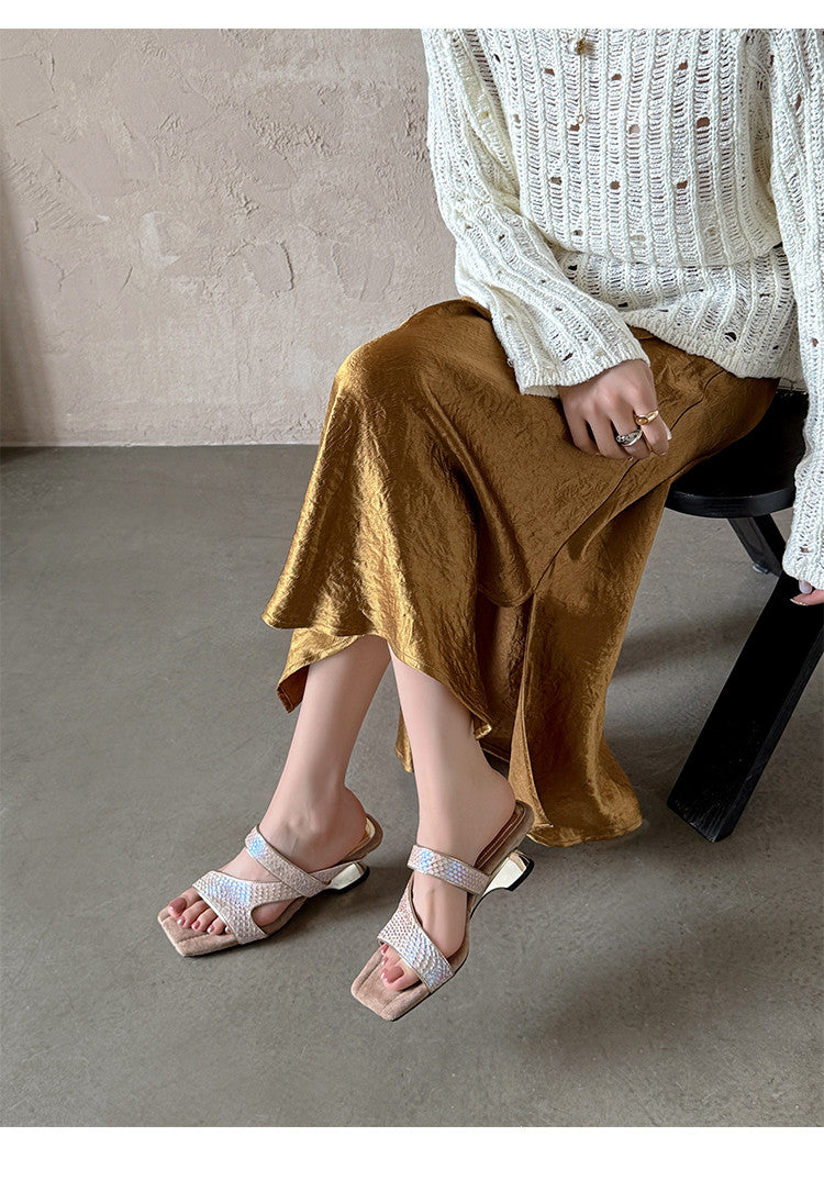 Karin Luna Fish Skin Series~Minimalist Square Toe Popular Irregular Heel Slippers