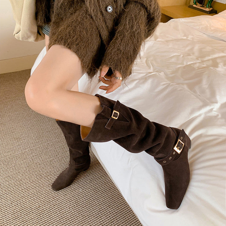 Karin Luna Data Model Belt Buckle Matte Square Toe Hidden Wedge Slouch Western Boots