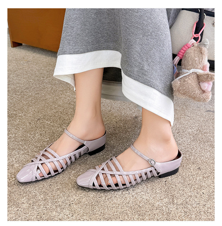 Karin Luna In Stock Spot Goods   French Retro Hollow Small Square Toe One-Strap Slippers