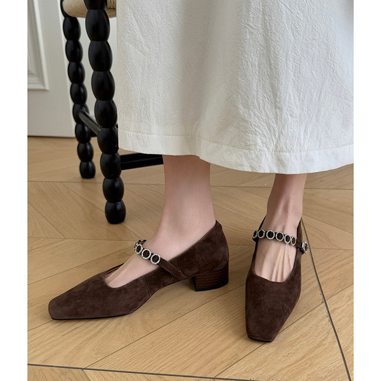 Karin Luna In Stock Spot Goods  Vintage Full Leather Square Toe Rhinestone Strap Shallow Mouth Single Shoes