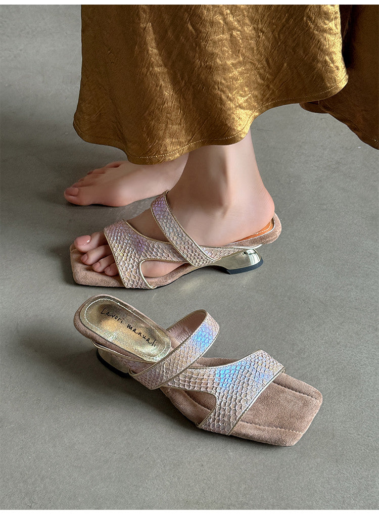 Karin Luna Fish Skin Series~Minimalist Square Toe Popular Irregular Heel Slippers