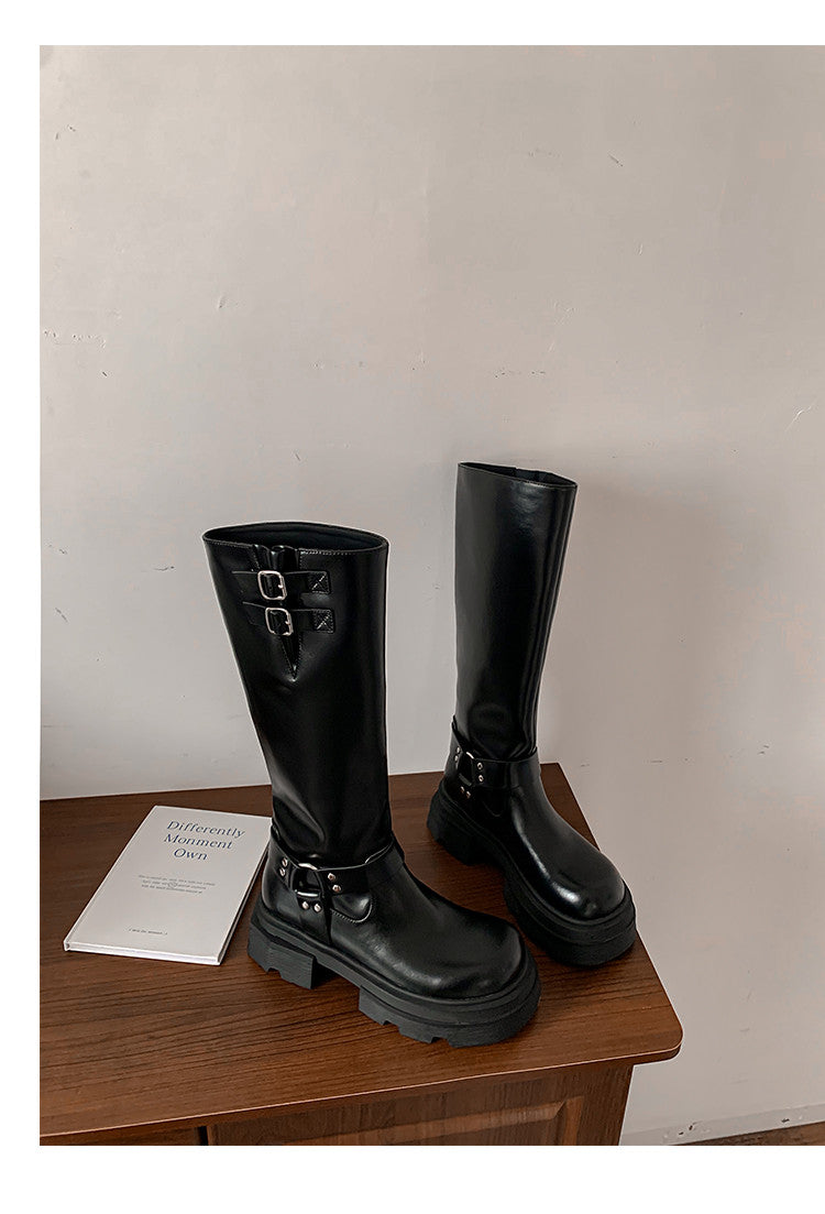 Karin Luna In Stock In Stock  Classic Casual Style Belt Buckle Thick Sole Round Toe Knight Boots Thick Sole