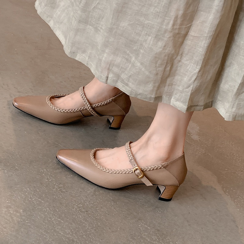 Karin Luna Braided Element Design Chunky Heel Square Toe Single Strap Shoes