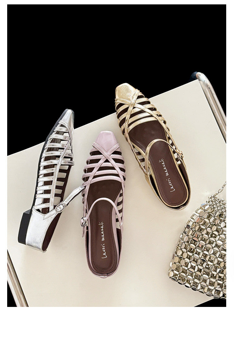 Karin Luna In Stock Spot Goods   French Retro Hollow Small Square Toe One-Strap Slippers