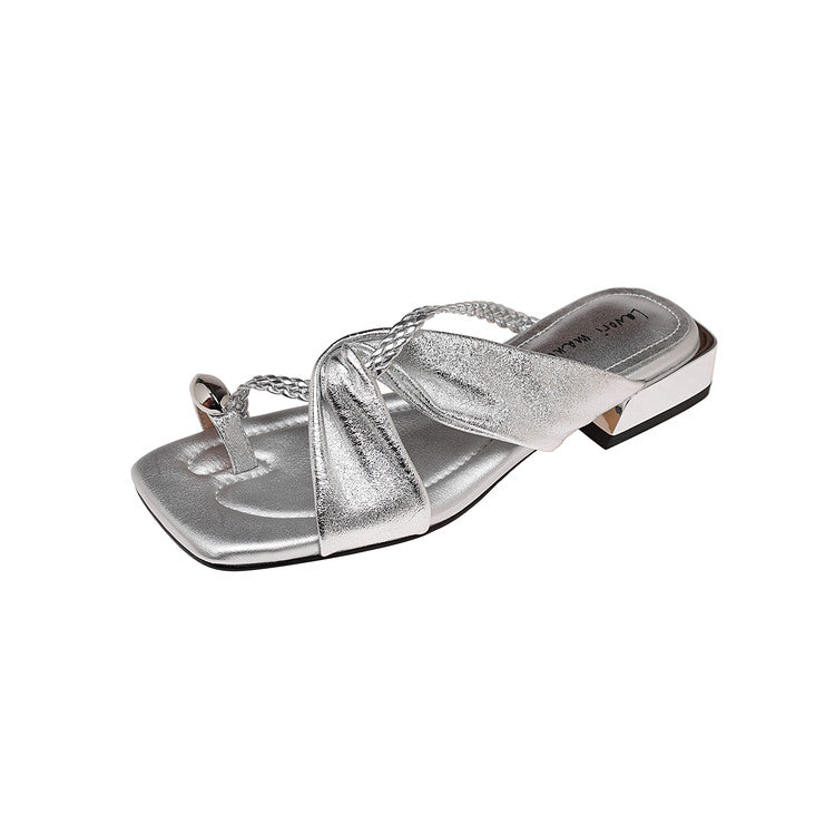 Karin Luna  Square Toe Braided Cross Thick Heel Flat Slippers