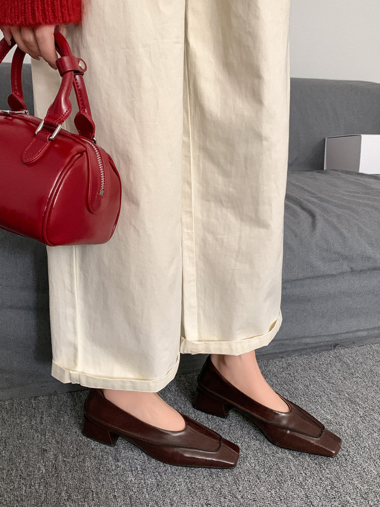 Karin Luna In Stock Spot Goods  Retro Full Leather Square Toe Shallow Mouth Single Shoes