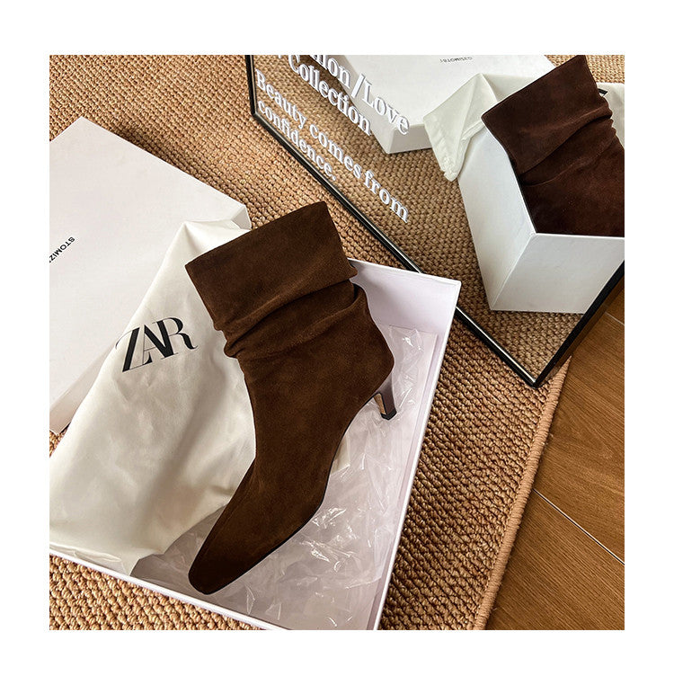 Karin Luna In Stock Spot Goods  Retro Wrinkled Small Square Toe Short Boots