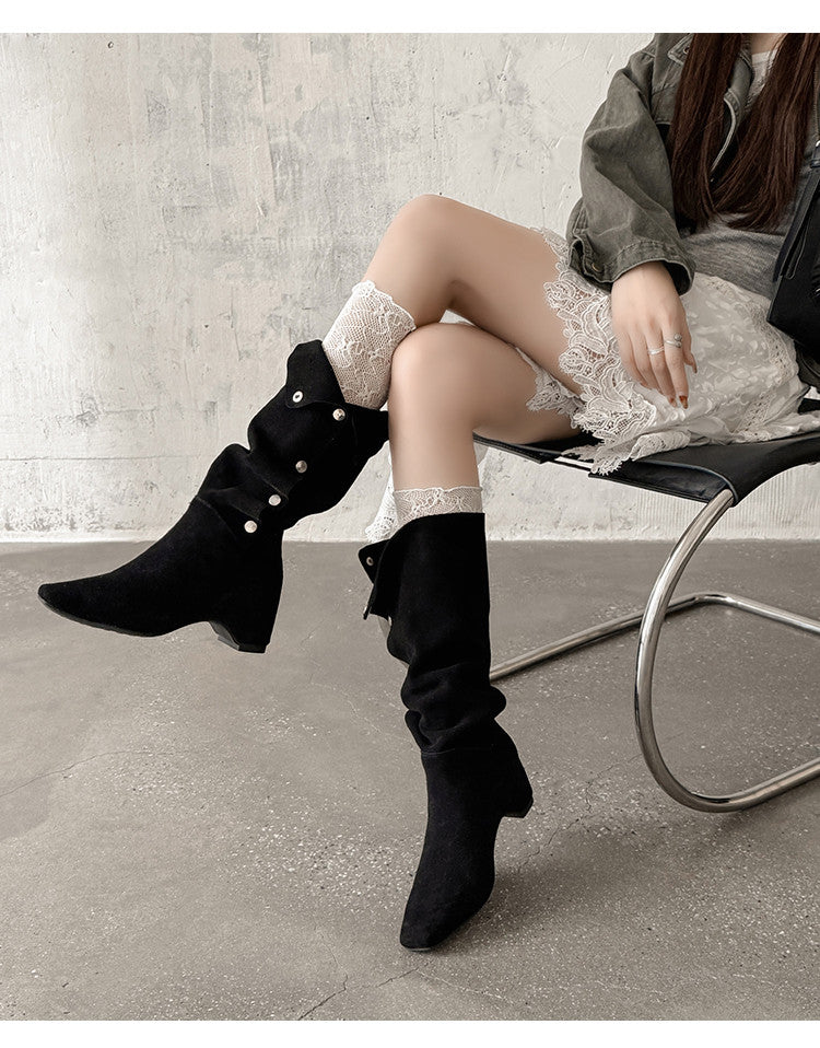Karin Luna Bestseller Hot-Selling Hidden Buckle Lazy Style Square-Toe Height-Increasing Suede Western Boots