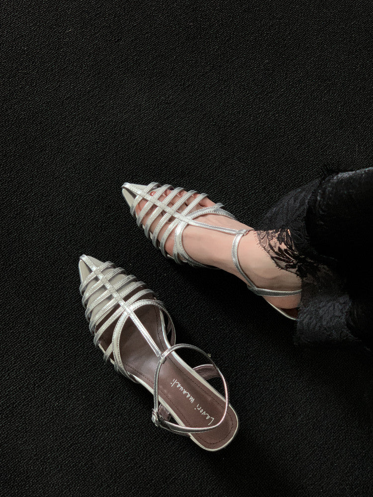 Karin Luna French Hollow Toe Metal Heel Elegant Sandals