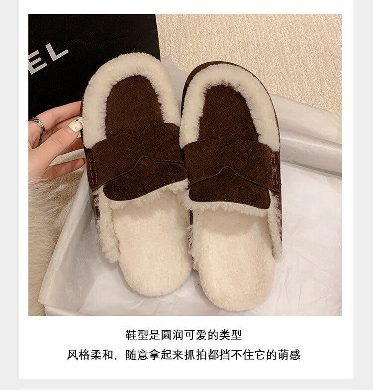 Karin Luna In Stock Look~This is such thick lamb wool Winter Atmosphere！Cowhide Leather Lamb Wool Round Toe Flat Sole Half Support！