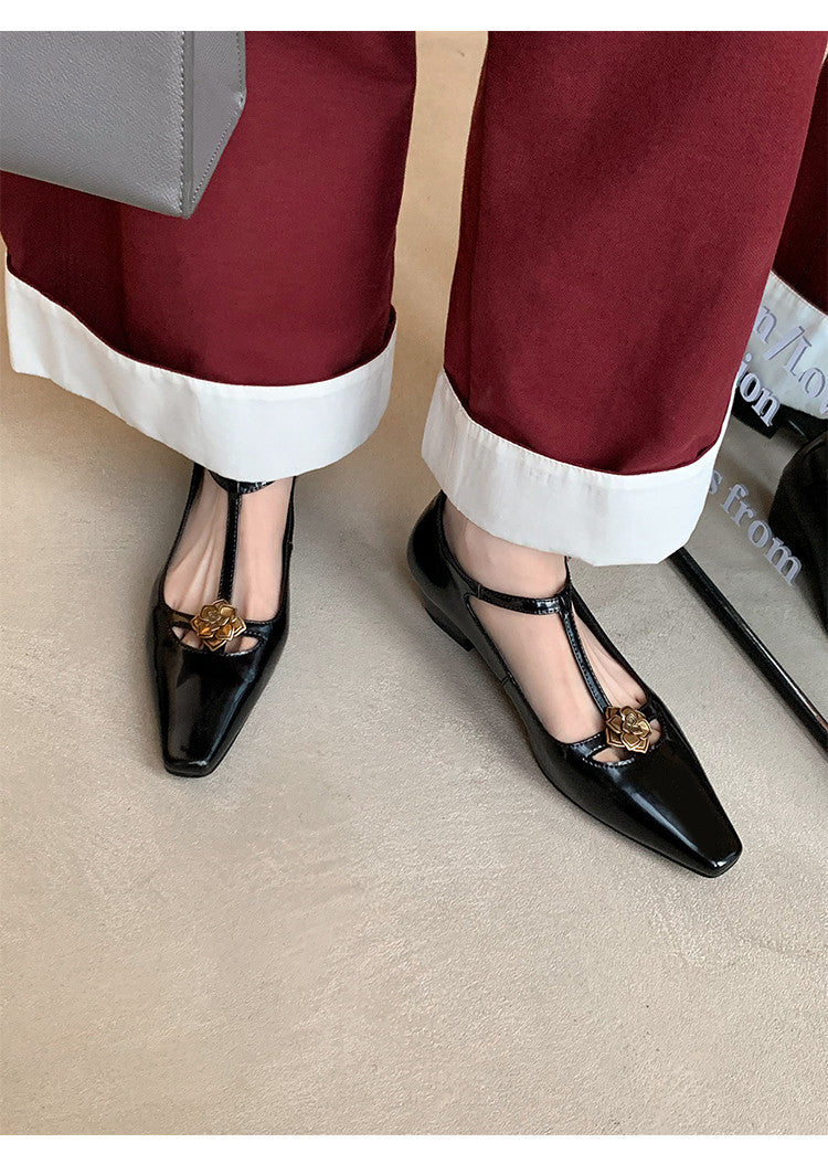 Karin Luna In Stock Spot Goods    Retro Classic Metal Camellia Irregular Heel Single Shoes