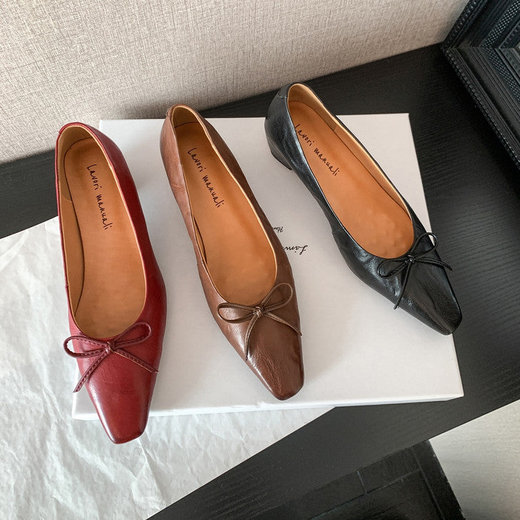 Karin Luna Full Layer Inside and Out~Basic Versatile Small Square Toe Butterfly Knot Irregular Heel Single Shoes