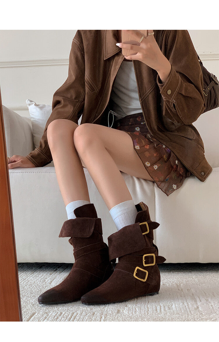 Karin Luna Cow Leather Small Square Toe Belt Buckle Fashion Boots