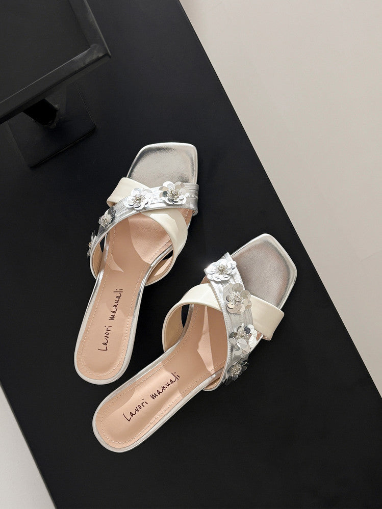 Karin Luna In Stock Spot Goods  Sequin Floral Cross Strap Square Toe Stiletto Slippers