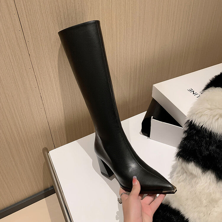 Karin Luna In Stock  In Stock Elegant Metal Pointed Toe Chunky Heel Full Cowhide Leather Riding Boots