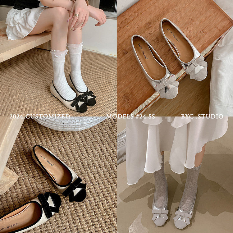 Karin Luna In Stock Spot Goods    Color Block Sweet Bowknot Hidden Wedge Shallow Mouth Flats
