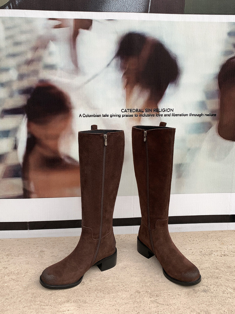 Karin Luna In Stock Spot Goods Basic Retro Square Toe Chunky Heel Riding Boots