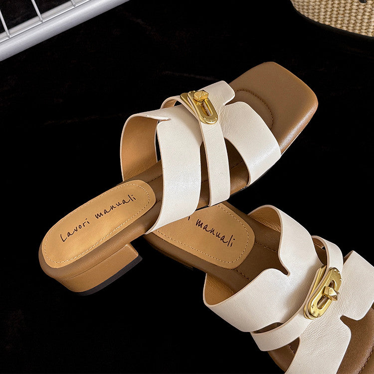Karin Luna Comfortable Gold Buckle Square Toe Chunky Heel Casual Style Slippers
