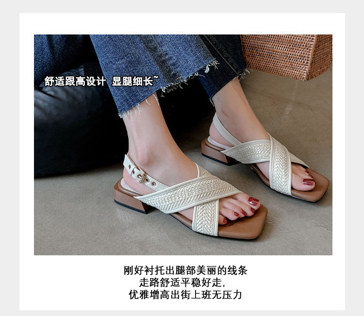 Karin Luna In Stock  Spot Goods Woven Style  Cross-strap Vacation Style Flat Sandals