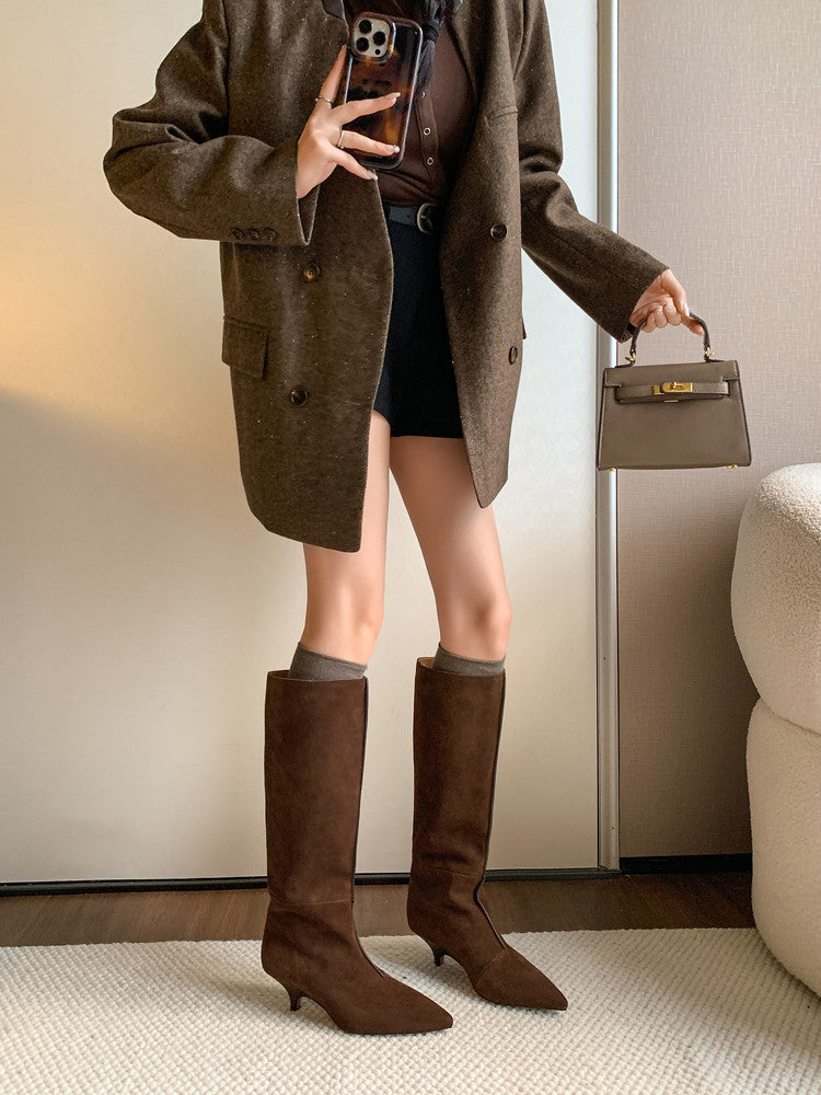 Karin Luna In Stock Spot Goods Retro Cowhide Pointed Toe Stiletto Elegant Long Boots