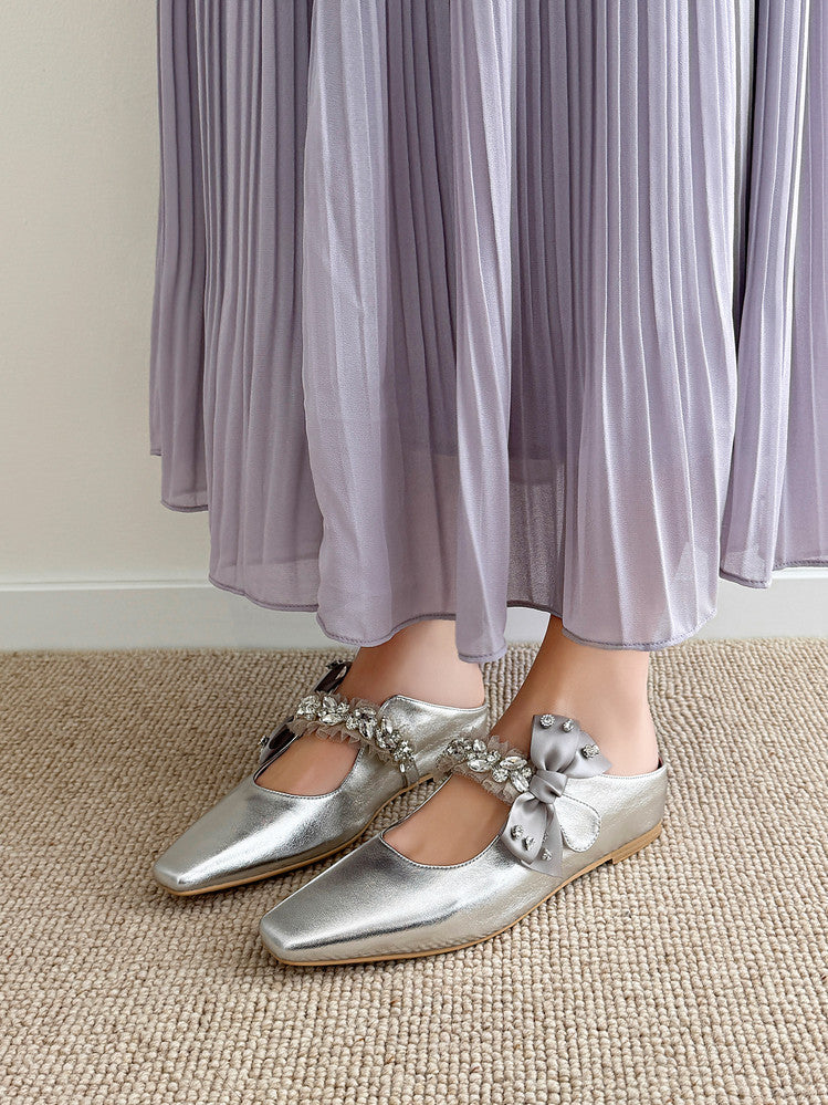 Karin Luna Handmade One-Strap Rhinestone Ribbon Square-Toe Mules