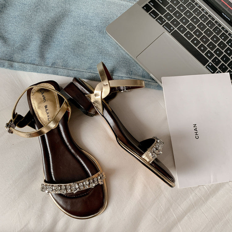 Karin Luna In Stock In Stock  Rhinestone Strap Round Toe Chunky Heel Sandals