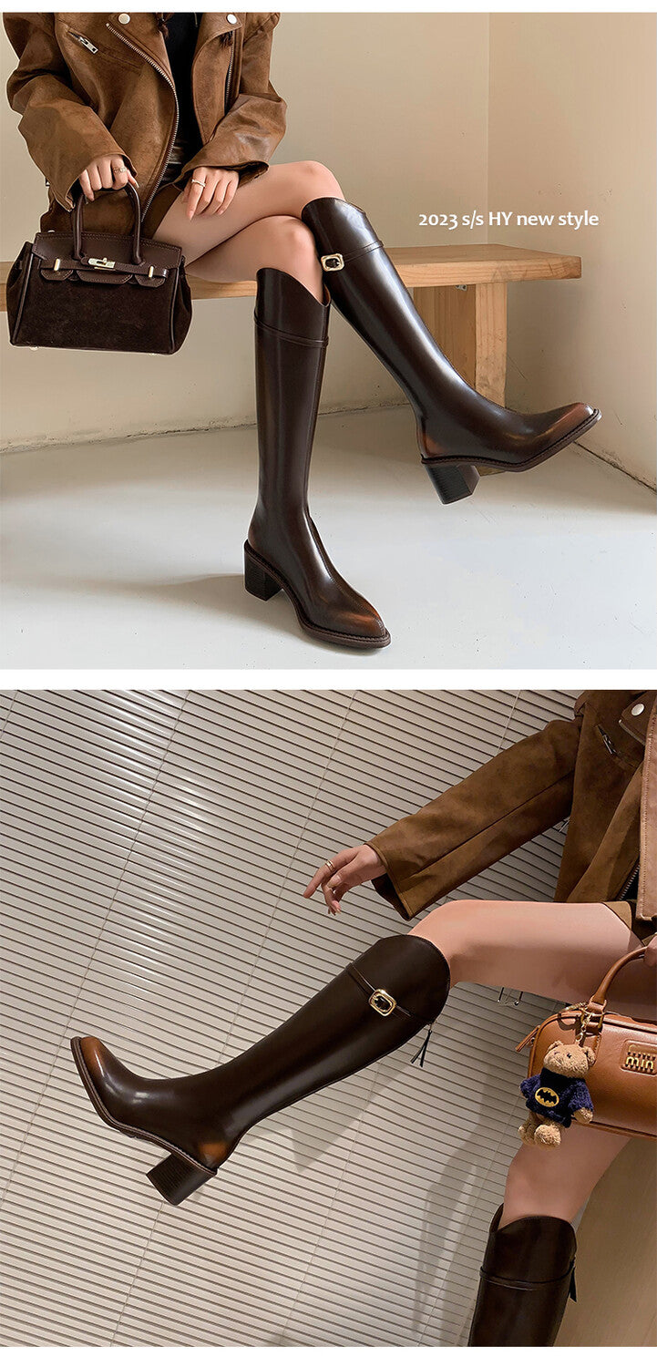 Karin Luna Bestseller  Popular Understood everything  Basic Elegant Outfit Pointed Toe Chunky Heel Full Cowhide I Am A Knight Boots
