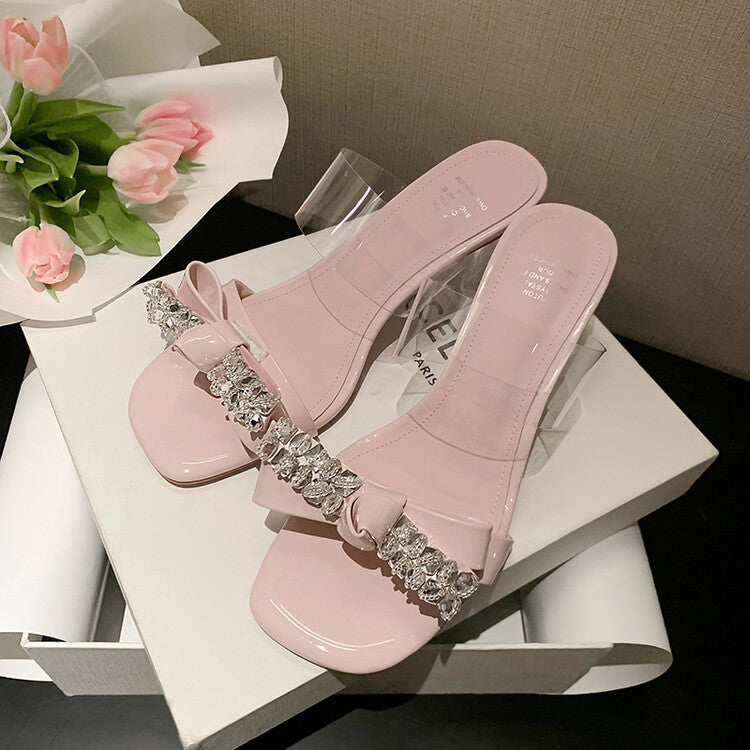 Karin Luna In Stock Summer New It's clearly a model with high traffic Rhinestone Flower Bow Crystal Heel Slippers