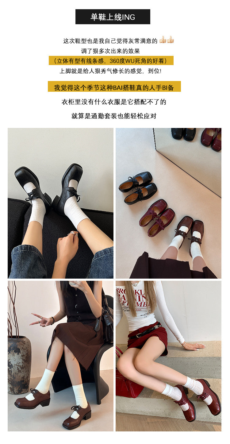 Karin Luna In Stock Spot Goods   Full leather inside and out Vegetable Tanned Hand-Grabbed Sheepskin Square-Toed Chunky Heel Single Shoes