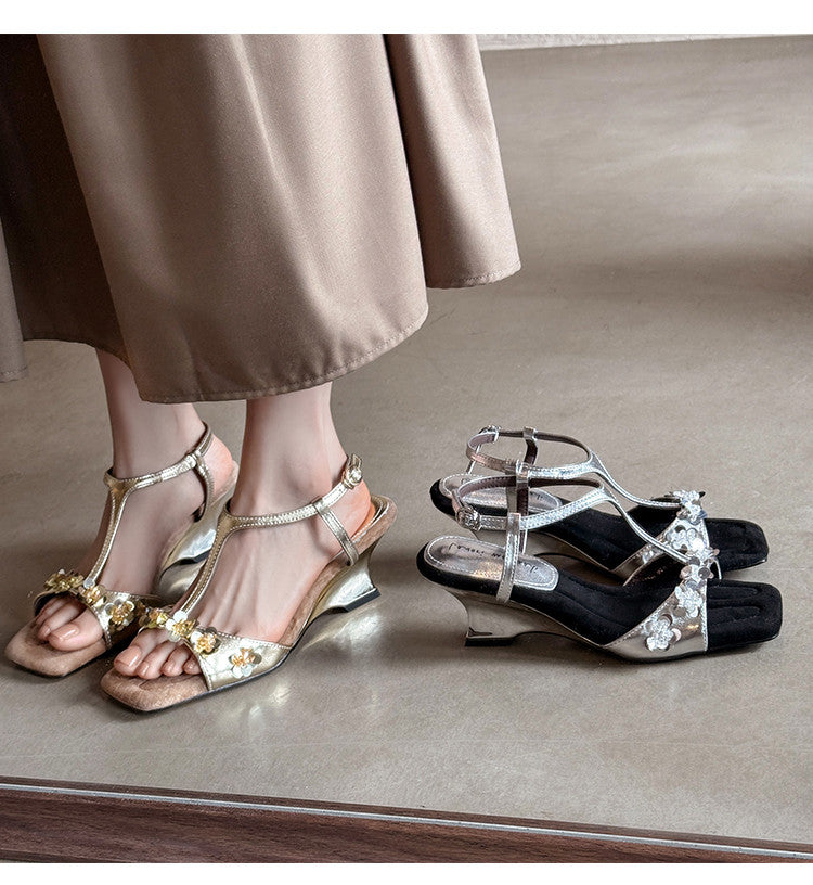 Karin Luna Hot-Selling Sequin Floral Series ~  Square Toe Irregular Heel Square Toe Sandals