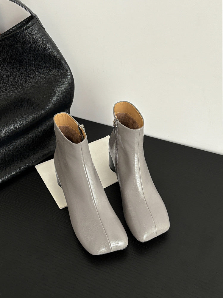 Karin Luna French Style Square Toe Chunky Heel Ankle Boots