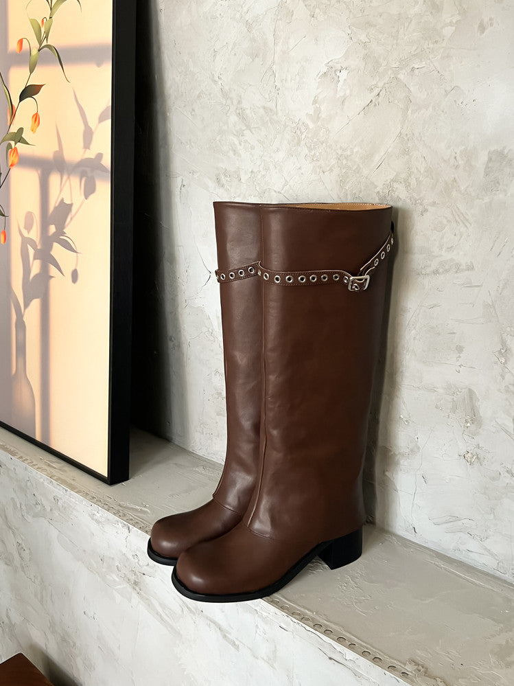 Karin Luna In Stock Spot Goods Belt Buckle Color-Washed Casual Thick-Soled Bootcut Pants Boots