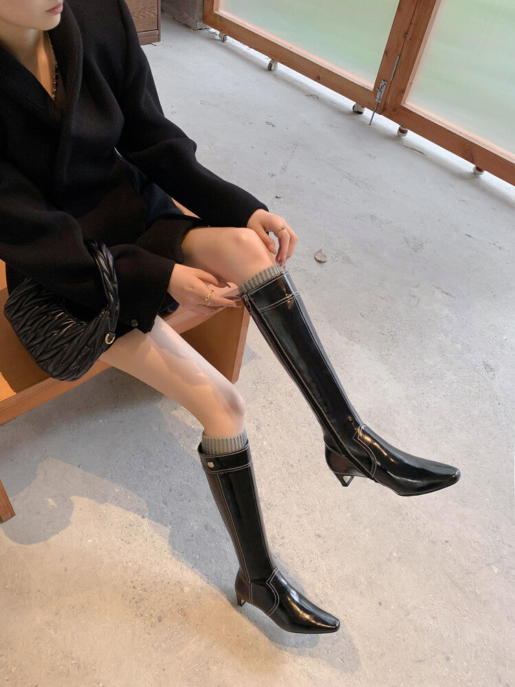 Karin Luna In Stock Spot Goods  Vintage Open Stitch Small Square Toe High Heel Side Zipper Riding Boots