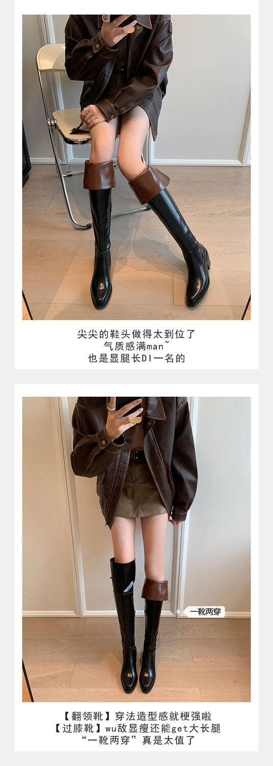 Karin Luna exploded  Three versions exploded Single Fleece Lining Fur Collar Version  Thick Fur Collar Foldable Hot-Selling Full Cowhide Pointed Toe Chunky Heel Classic Style