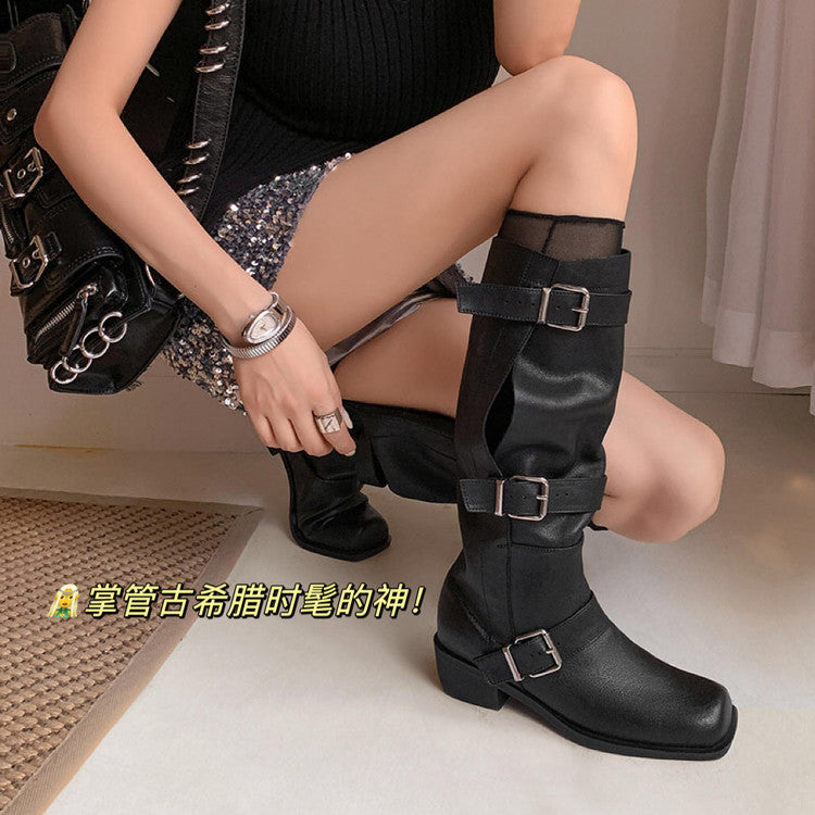 Karin Luna In Stock In Stock European and American Style Square Toe Thick Sole Belt Buckle Long Boots
