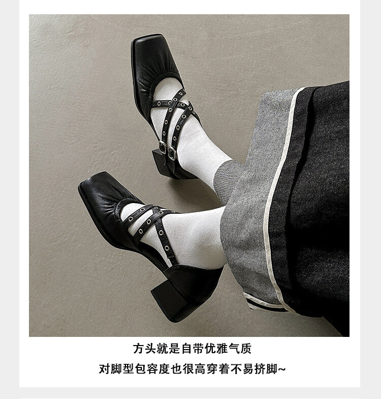 Karin Luna In Stock Spot Goods First Layer Sheepskin Cross Strap Rivet Square Toe Mary Jane Sandals