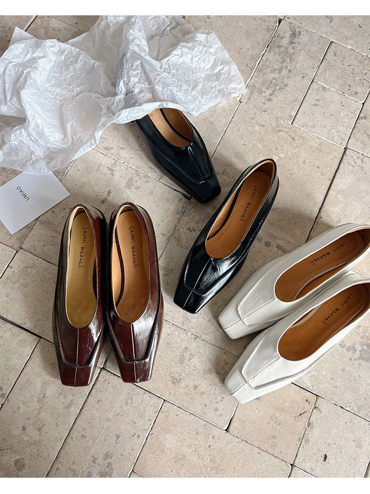 Karin Luna In Stock Spot Goods  Retro Full Leather Square Toe Shallow Mouth Single Shoes