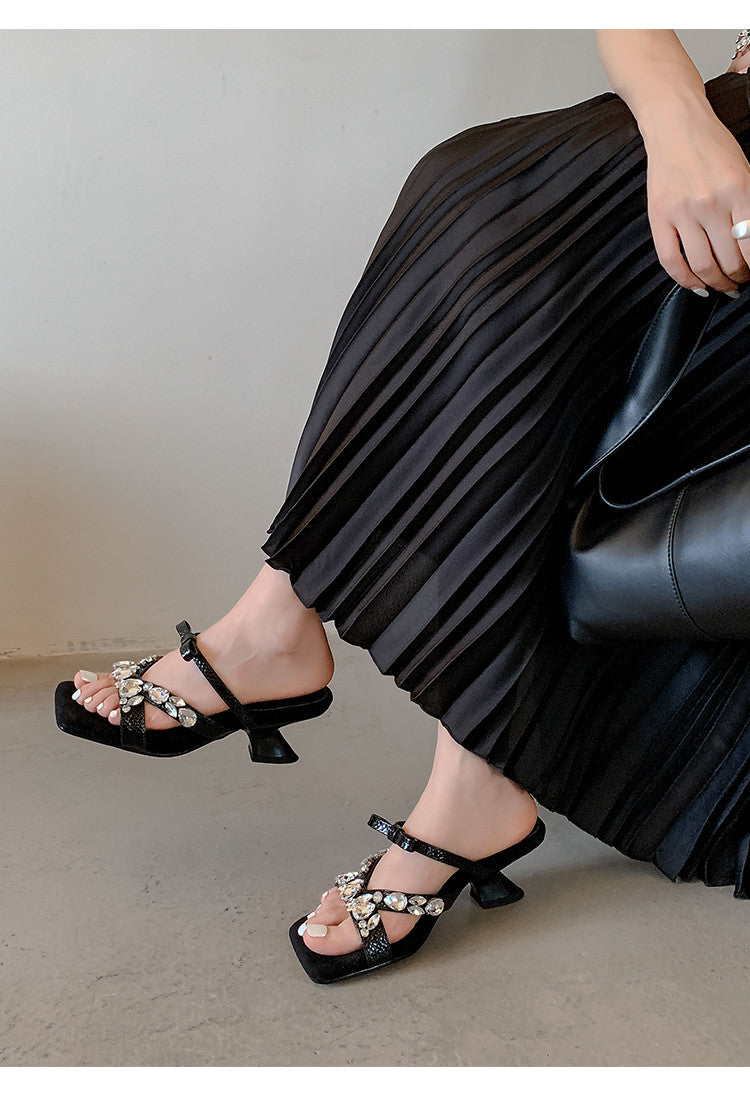 Karin Luna In Stock In Stock  Square Toe Rhinestone Bow Suede Slippers