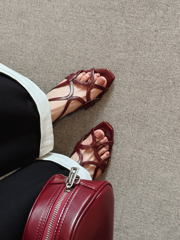 Karin Luna French Hollow Style Small Square Toe Chunky Heel Sandals