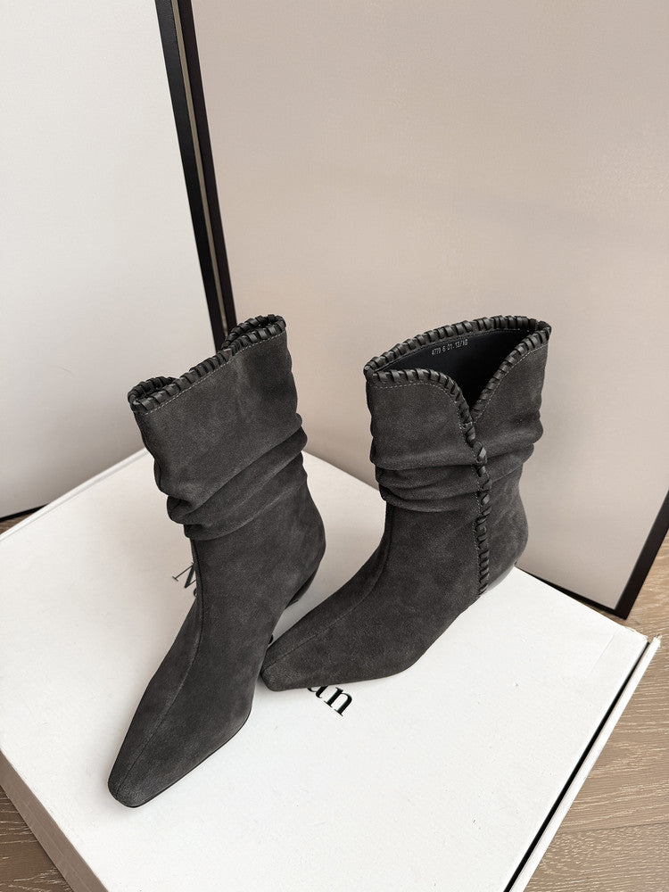 Karin Luna Small Square Toe Retro Ruched Pile Short Boots