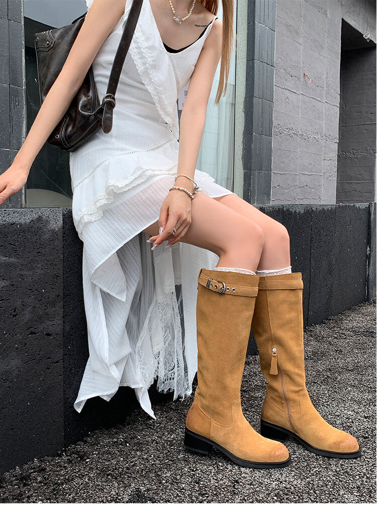 Karin Luna Chunky Heels Round Head Belt Buckle  Fashionable Suede Boots