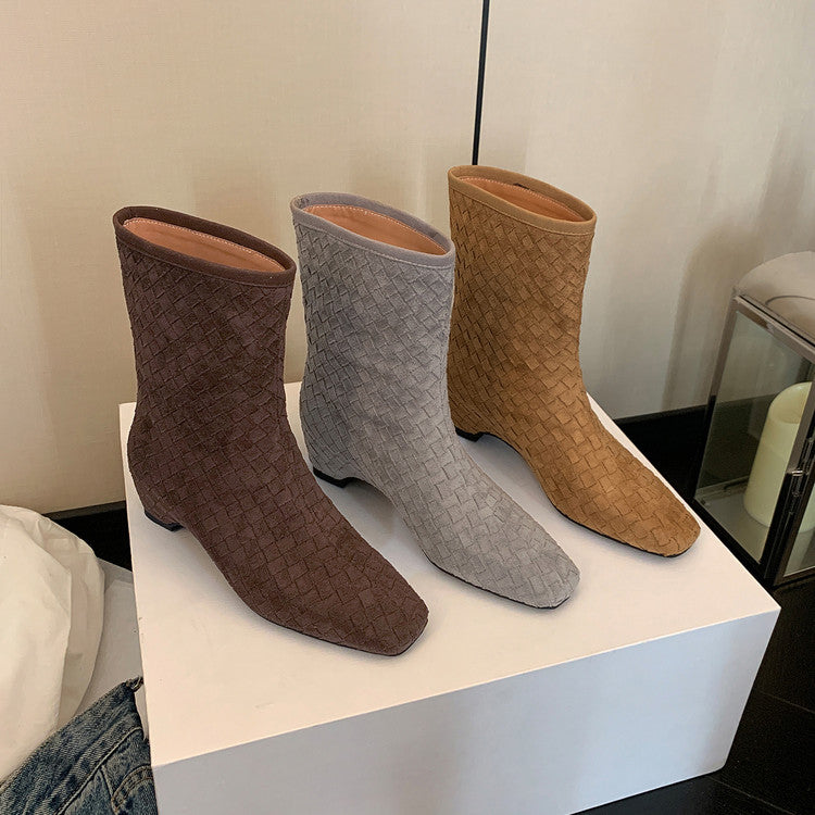 Karin Luna Handmade Woven Fabric Small Square Toe Hidden Heel Short Boots