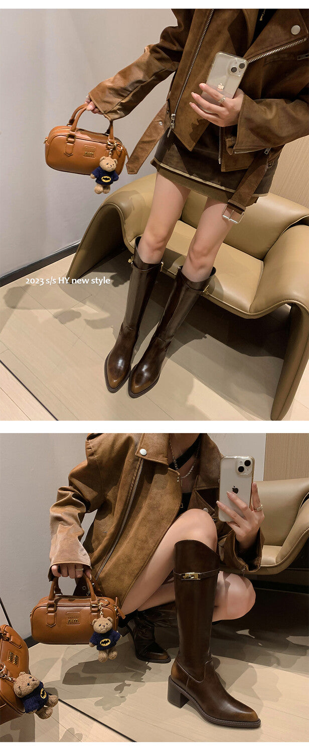 Karin Luna Hot-Selling Fasteners Sold as soon as listed Comes with data plan included Pointed Toe Chunky Heel Classic Full Cowhide Leather Riding Boots