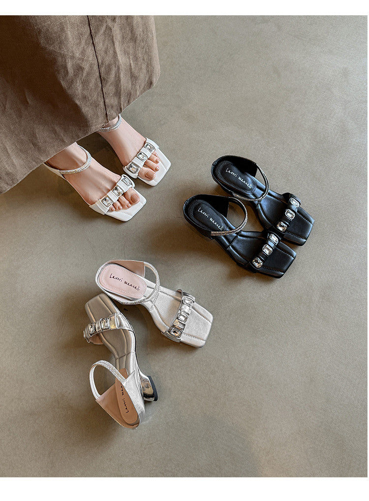 Karin Luna Bestseller Popular Rhinestone Ribbon Square Toe Slippers