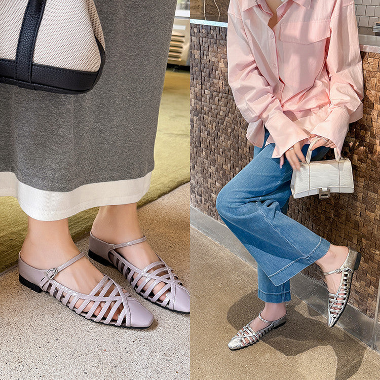 Karin Luna In Stock Spot Goods   French Retro Hollow Small Square Toe One-Strap Slippers