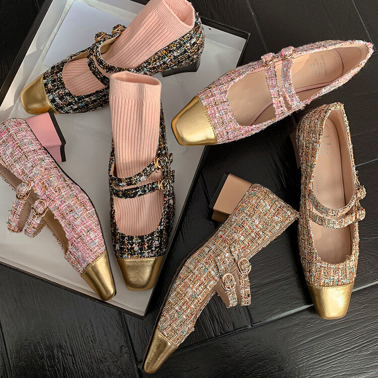 Karin Luna Classic Chanel Style~ Tweed Spring Limit Square Toe Chunky Heel Mary Jane Strap Single Shoes