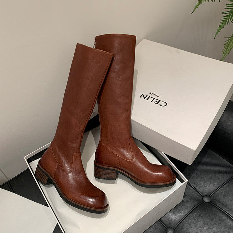 Karin Luna Basic Versatile Style Round Toe Chunky Heel Long Boots