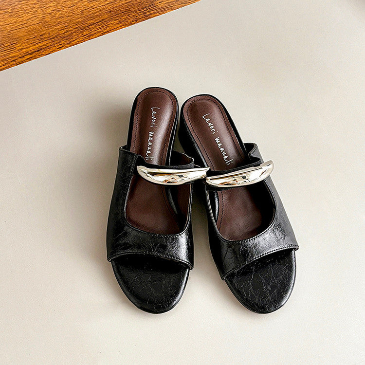 Karin Luna In Stock Spot Goods  Metal Buckle Round Toe Strap Slippers